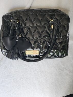 Betsey Johnson Black Quilted Patent Satchel with Bow Tassel